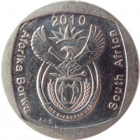 obverse of 1 Rand - AFORIKA BORWA - SOUTH AFRICA (2010 - 2012) coin with KM# 497 from South Africa. Inscription: 2010 Aforika Borwa South Africa ALS