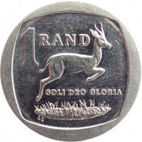 reverse of 1 Rand - AFORIKA BORWA - SOUTH AFRICA (2010 - 2012) coin with KM# 497 from South Africa. Inscription: 1 RAND SOLI DEO GLORIA LL