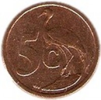 reverse of 5 Cents - AFURIKA TSHIPEMBE (2011) coin with KM# 500 from South Africa. Inscription: 5c GJR