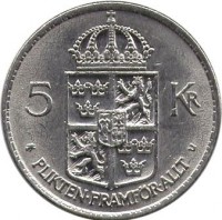 reverse of 5 Kronor - Gustaf VI Adolf (1972 - 1973) coin with KM# 846 from Sweden. Inscription: 5 KR PLIKTEN · FRAMFÖR · ALLT