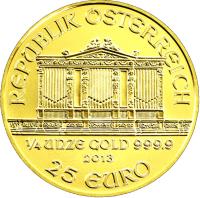 reverse of 25 Euro - Vienna Philharmonic (2002 - 2014) coin with KM# 3093 from Austria. Inscription: REPUBLIK OSTERREICH ¼ UNZE GOLD 999.9 2013 25 EURO