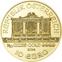 obverse of 10 Euro - Vienna Philharmonic (2002 - 2015) coin with KM# 3092 from Austria. Inscription: REPUBLIK OSTERREICH 1/10 UNZE GOLD 999.9 2002 10 EURO