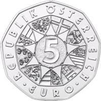 reverse of 5 Euro - Land des Wassers (2013) coin with KM# 3222a from Austria. Inscription: REPUBLIK ÖSTERREICH 5 · EURO ·