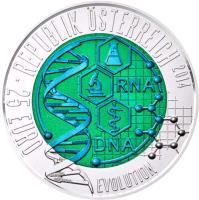 obverse of 25 Euro - Evolution (2014) coin with KM# 3227 from Austria. Inscription: REPUBLIK ÖSTERREICH 2014 · 25 EURO RNA DNA EVOLUTION