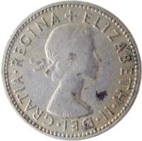 obverse of 1 Shilling - Elizabeth II - English crest; Without BRITT:OMN; 1'st Portrait (1954 - 1970) coin with KM# 904 from United Kingdom. Inscription: + ELIZABETH · II · DEI · GRATIA · REGINA