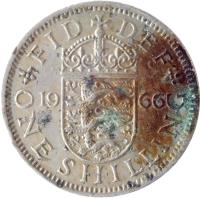 reverse of 1 Shilling - Elizabeth II - English crest; Without BRITT:OMN; 1'st Portrait (1954 - 1970) coin with KM# 904 from United Kingdom. Inscription: FID DEF 19 57 W G ONE SHILLING