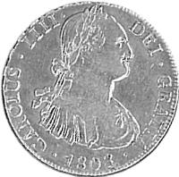 obverse of 8 Reales - Carlos IV - Colonial Milled Coinage (1791 - 1808) coin with KM# 73 from Bolivia. Inscription: CAROLUS · IIII · DEI · GRATIA · 1808