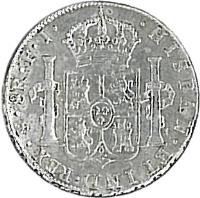 reverse of 8 Reales - Carlos IV - Colonial Milled Coinage (1791 - 1808) coin with KM# 73 from Bolivia. Inscription: . HISPAN . ET IND . REX . PTS . 8R . P . J .