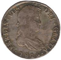 obverse of 8 Reales - Fernando VII - Colonial Milled Coinage (1808 - 1825) coin with KM# 84 from Bolivia. Inscription: FERDIN · VII · DEI · GRATIA · 1825