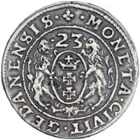 reverse of 1 Ort 1/4 Thaler - Sigismund III (1623) coin with KM# 15 from Danzig. Inscription: · MONETA · CIVIT · GEDANENSIS · · 2 · 3 ·