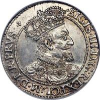 obverse of 1 Ort - Sigismund III - Type 3 bust (1616 - 1621) coin with KM# 14 from Danzig. Inscription: .SIGIS:III.D:G.REX.POL:M.D.L.R.PRVS: