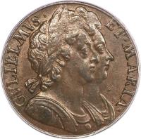 obverse of 1/2 Penny - William & Mary (1690 - 1694) coin with SP# 3452 from England. Inscription: GVLIELMVS · ET · MARIA ·