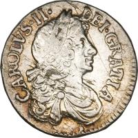 obverse of 2 Pence - Charles II - Maundy Coinage (1668 - 1684) coin with SP# 3388 from England. Inscription: CAROLVS · II · DEI · GRATIA