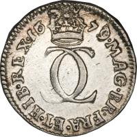 reverse of 2 Pence - Charles II - Maundy Coinage (1668 - 1684) coin with SP# 3388 from England. Inscription: MAG · BR · FRA · ET · HIB · REX · 16 79 · CC