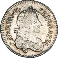 obverse of 3 Pence - Charles II - Maundy Coinage (1670 - 1684) coin with SP# 3386 from England. Inscription: CAROLVS · II · DEI · GRATIA