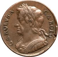 obverse of 1/2 Penny - Charles II (1672 - 1675) coin with SP# 3393 from England. Inscription: CAROLVS · A · CAROLO