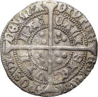 reverse of 1 Groat - Henry VI - Calais mint; Annulet (1422 - 1430) coin with SP# 1836 from England. Inscription: POSVI DEVMA DIVTOR EMMEUM VIL LA CALI SIE