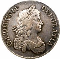 obverse of 1 Crown - Charles II - 2'nd Portrait (1667 - 1671) coin with SP# 3357 from England.