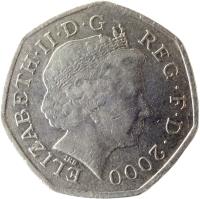 obverse of 50 Pence - Elizabeth II - 4'th Portrait (1998 - 2008) coin with KM# 991 from United Kingdom. Inscription: ELIZABETH · II · D · G REG · FD · 2001 IRB