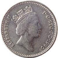 obverse of 5 Pence - Elizabeth II - Smaller; 3'rd Portrait (1990 - 1997) coin with KM# 937b from United Kingdom. Inscription: ELIZABETH II D · G · REG · F · D · 1992 RDM
