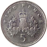reverse of 5 Pence - Elizabeth II - Smaller; 3'rd Portrait (1990 - 1997) coin with KM# 937b from United Kingdom. Inscription: FIVE PENCE 5