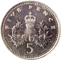 reverse of 5 Pence - Elizabeth II - Thistle; 4'th Portrait (1998 - 2008) coin with KM# 988 from United Kingdom. Inscription: FIVE PENCE 5