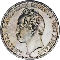 obverse of 1 Vereinsthaler - Leopold Friedrich - 280th Anniversary of the Separation of the Anhalt Duchies (1863) coin with KM# 15 from German States. Inscription: LEOPOLD FRIEDRICH HERZOG VON ANHALT A