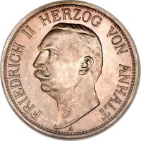 obverse of 3 Mark - Friedrich II (1909 - 1911) coin with KM# 29 from German States. Inscription: FRIEDRICH II HERZOG VON ANHALT A