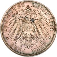 reverse of 3 Mark - Friedrich II (1909 - 1911) coin with KM# 29 from German States. Inscription: DEUTSCHES REICH 1911 * DREI MARK *