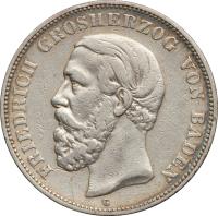 obverse of 5 Mark - Friedrich I (1875 - 1888) coin with KM# 263 from German States. Inscription: FRIEDRICH GROSHERZOG VON BADEN