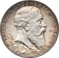 obverse of 2 Mark - Friedrich I - Reign (1902) coin with KM# 271 from German States. Inscription: FRIEDERICH GROSHERZOG VON BADEN 1852 1902