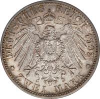 reverse of 2 Mark - Friedrich I - Reign (1902) coin with KM# 271 from German States. Inscription: DEUTSCHES REICH 1902 * ZWEI MARK *