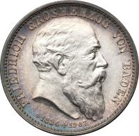 obverse of 2 Mark - Friedrich I - Death of Friedrich I (1907) coin with KM# 278 from German States. Inscription: FRIEDRICH GROSHERZOG VON BADEN *1826+1907