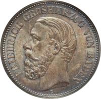 obverse of 2 Mark - Friedrich I (1892 - 1902) coin with KM# 269 from German States. Inscription: FRIEDRICH GROSHERZOG VON BADEN G