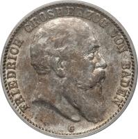 obverse of 2 Mark - Friedrich I (1902 - 1907) coin with KM# 272 from German States. Inscription: FRIEDRICH GROSHERZOG VON BADEN G