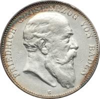 obverse of 5 Mark - Friedrich I (1902 - 1907) coin with KM# 274 from German States. Inscription: FRIEDRICH GROSHERZOG VON BADEN G