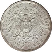 reverse of 5 Mark - Friedrich I (1902 - 1907) coin with KM# 274 from German States. Inscription: DEUTSCHES REICH 1907 * FÜNF MARK *