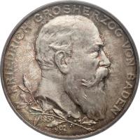 obverse of 5 Mark - Friedrich I - Reign (1902) coin with KM# 273 from German States. Inscription: FRIEDRICH GROSHERZOG VON BADEN 1852 1902