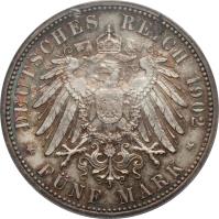 reverse of 5 Mark - Friedrich I - Reign (1902) coin with KM# 273 from German States. Inscription: DEUTSCHES REICH 1902 * FÜNF MARK *