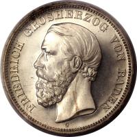 obverse of 5 Mark - Friedrich I (1891 - 1902) coin with KM# 268 from German States. Inscription: FRIEDRICH GROSHERZOG VON BADEN G