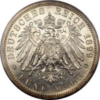 reverse of 5 Mark - Friedrich I (1891 - 1902) coin with KM# 268 from German States. Inscription: DEUTSCHES REICH 1899 * FÜNF MARK *