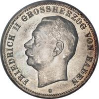 obverse of 5 Mark - Friedrich II (1908 - 1913) coin with KM# 281 from German States. Inscription: FRIEDRICH II GROSHERZOG VON BADEN G