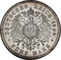 reverse of 5 Mark - Friedrich II (1908 - 1913) coin with KM# 281 from German States. Inscription: DEUTSCHES REICH 1908 * FÜNF MARK *