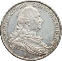 obverse of 1 Conventionsthaler - Carl Theodor (1778 - 1794) coin with KM# 563 from German States. Inscription: CAR.TH.D.G.C.P.R.U.B.D.S.R.I.A.& EL.D.I.C.& M.