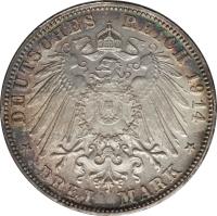 reverse of 3 Mark - Ludwig III (1914) coin with KM# 1005 from German States. Inscription: DEUTCHES REICH 1914 * DREI MARK *