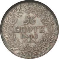 reverse of 36 Grote (1840 - 1859) coin with KM# 233 from German States. Inscription: 36 GROTE 1840 15 L.14 G.