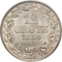 reverse of 12 Grote (1859 - 1860) coin with KM# 242 from German States. Inscription: 12 GROTE 1859 11 L.15 G.