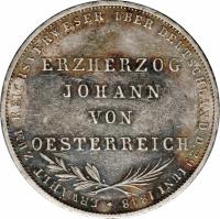 reverse of 2 Gulden - Archduke Johann - Archduke Johann of Austria Elected as Vicar (1848) coin with KM# 338 from German States. Inscription: ERZHERZOG JOHANN VON OESTERREICH * ERWÄHLT ZUM REICHSVERWESER ÜBER DEUTSCHLAND D.29 IUNI 1848