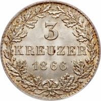 reverse of 3 Kreuzer (1866) coin with KM# 373 from German States. Inscription: 3 KREUZER 1866