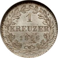 reverse of 1 Kreuzer (1862 - 1866) coin with KM# 367 from German States. Inscription: 1 KREUZER 1866